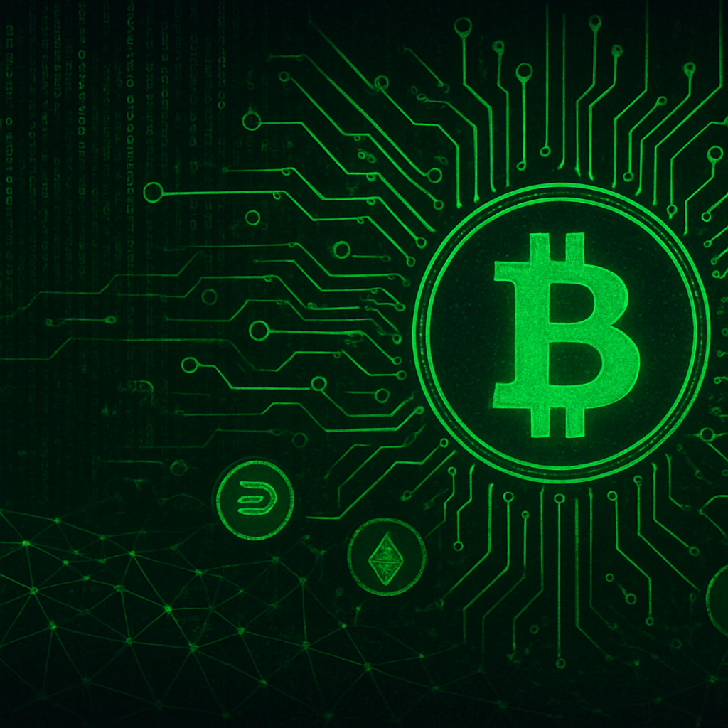 AI Live Background · prompt: "Crypto hacker aesthetic wide background, neon green code terminal, circuit board patterns, digital network mesh, Bitcoin and crypto symbols, dark tech vibes, ultra wide banner"