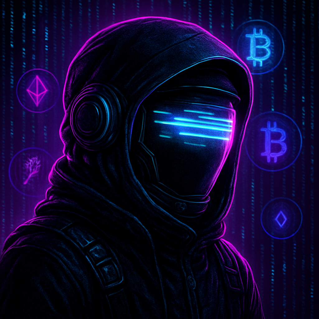 AI Profile Picture · prompt: "Dark hacker astronaut avatar with tech visor, neon purple and cyan, Bitcoin and crypto symbols in background, digital matrix rain effect, intense cyberpunk vibe"