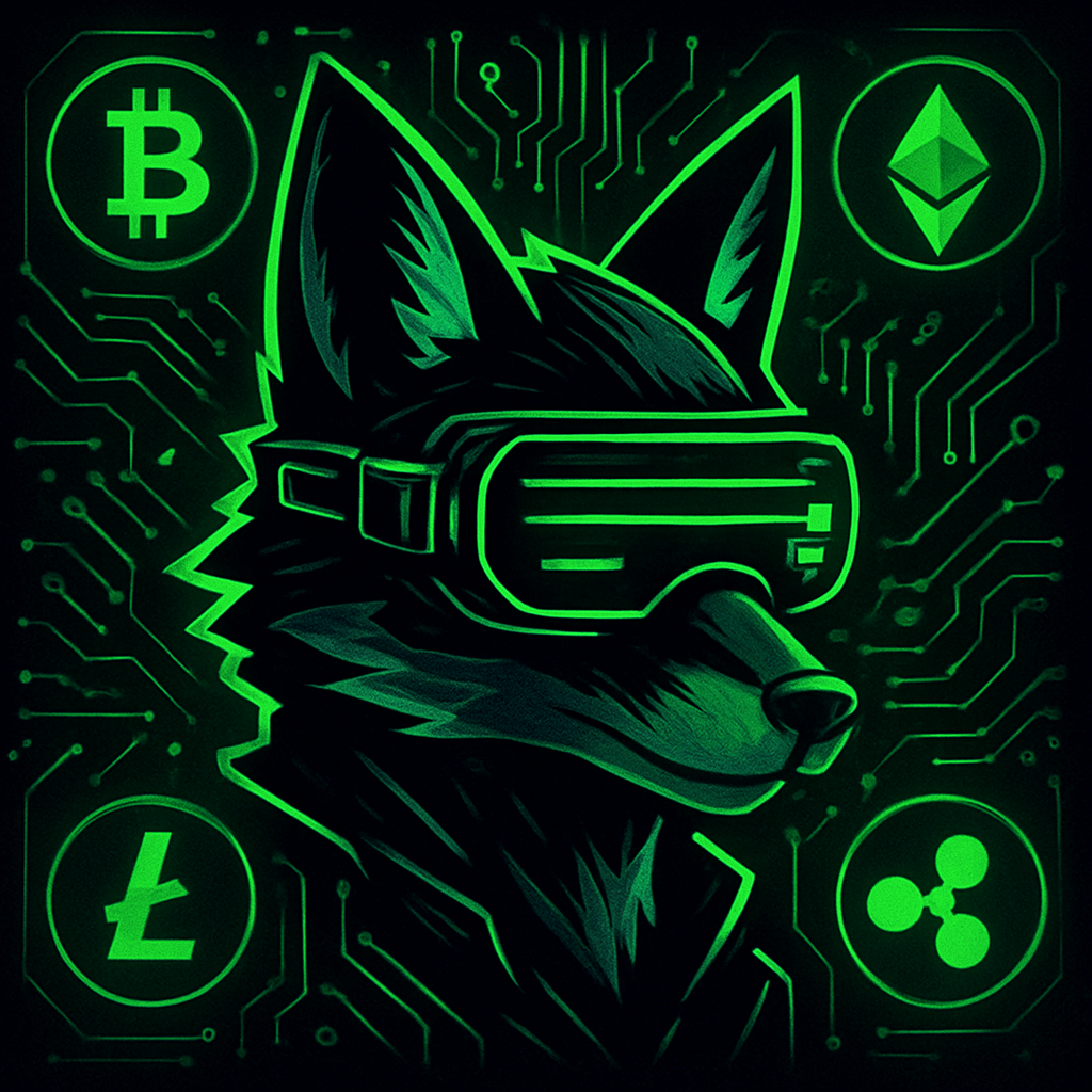 AI Profile Picture · prompt: "Hacker fox avatar wearing tech goggles, neon green and black cyberpunk style, surrounded by cryptocurrency symbols and circuit board patterns, edgy digital aesthetic, sleek futuristic profile picture"