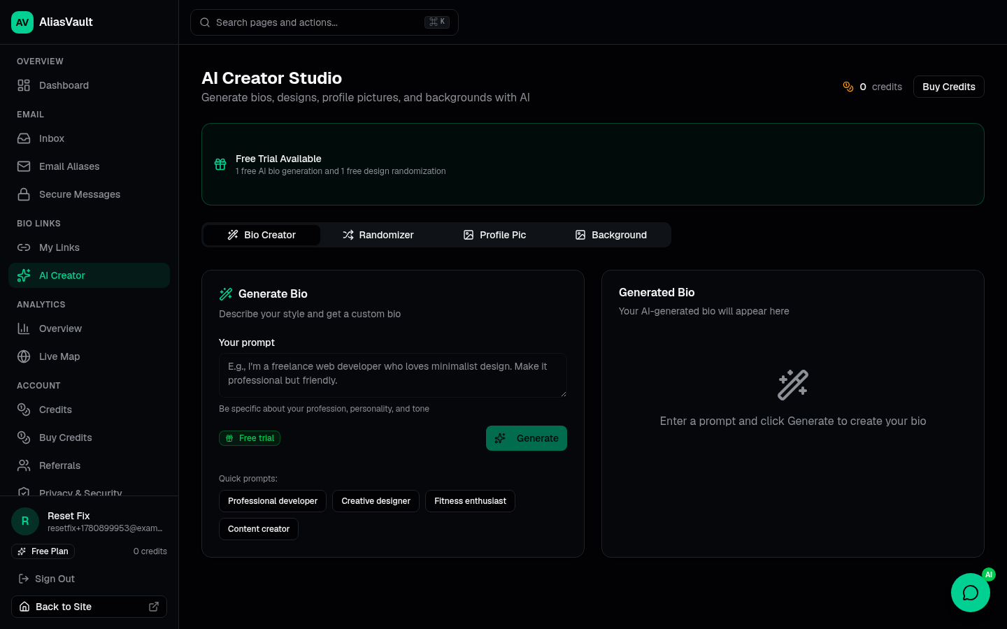 Bio Creator — Dashboard screenshot
